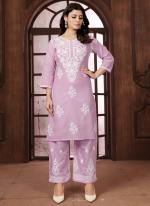 Cotton Light Pink Casual Wear Chikankari Embroidery Readymade Kurti With Plazzo